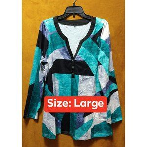 Turquoise Teal Abstract, Geometric pattern Blouse size Large